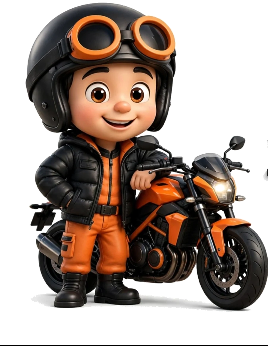 Mascote Max Motos ao lado de uma motocicleta laranja